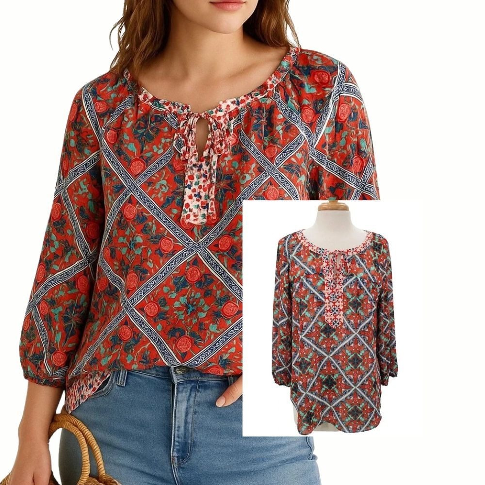 Zac & Rachel Boho Multicolor Lace Back‎ Peasant Blouse Tie Neck Womens L